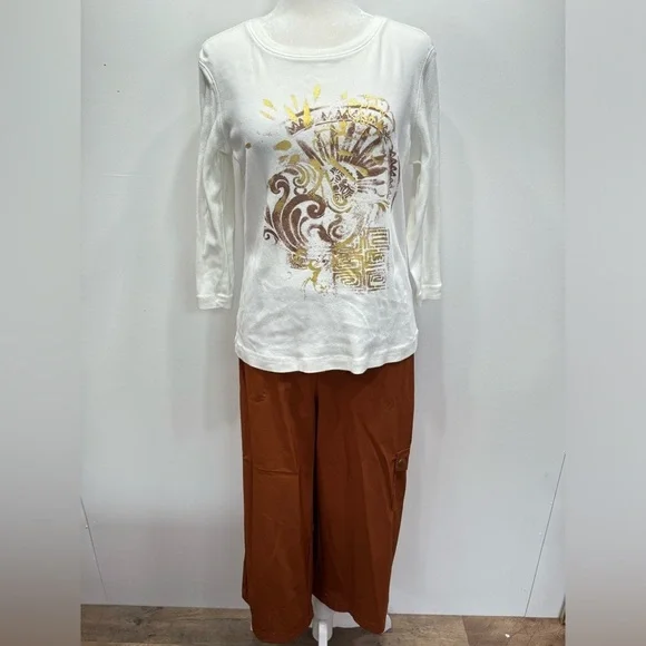 Chico’s 3 Piece Outfit Cropped Pants Cotton 3/4 Tee & Zip Front Jacket Size 1/M - Picture 3 of 15